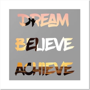 Dream Believe Achieve Woman Cheering in the Sunset Posters and Art